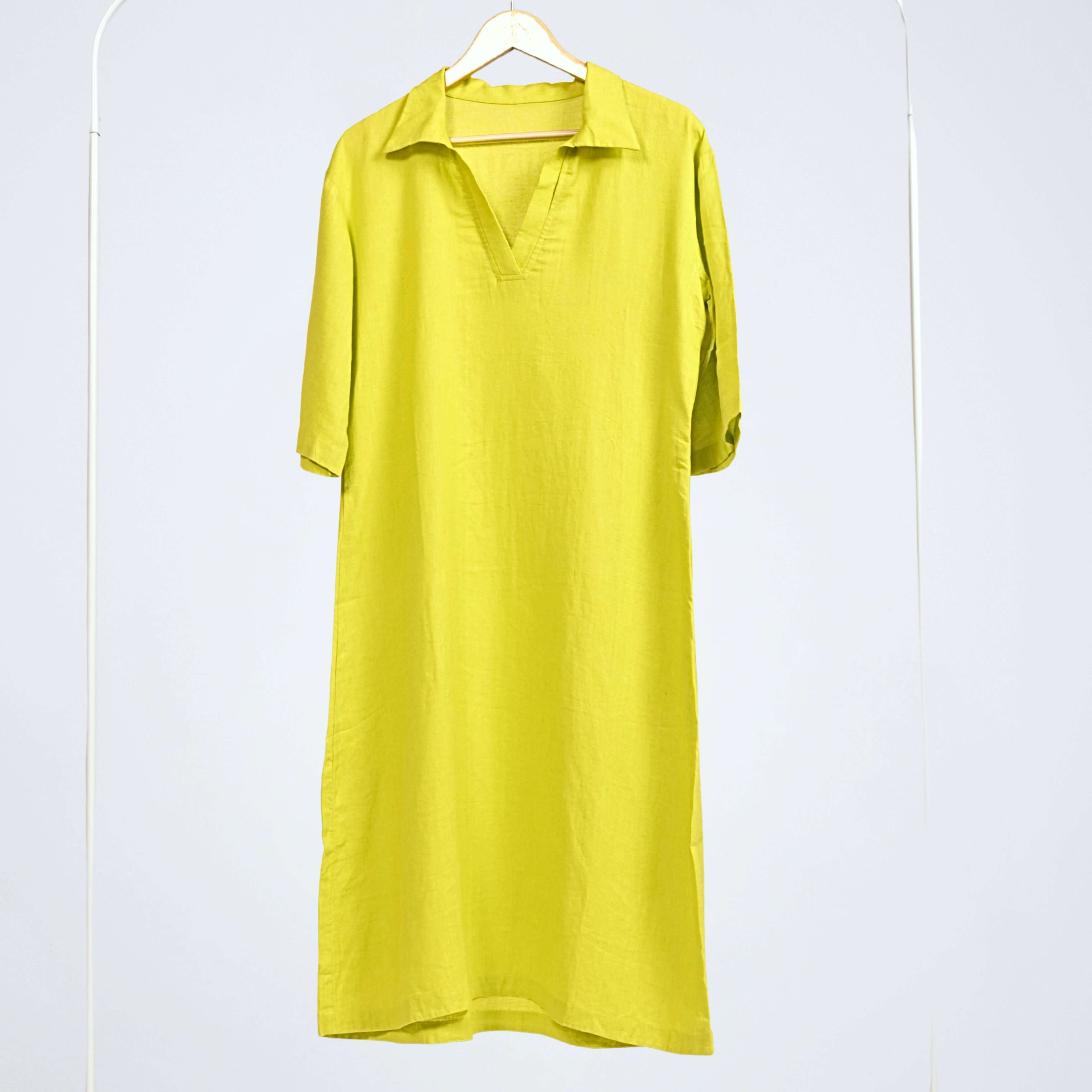 Relaxed below-knee accent green linen dress with collar and ¾ sleeves. Breathable comfort, easy movement, and effortless everyday wear | Selfish Clarity