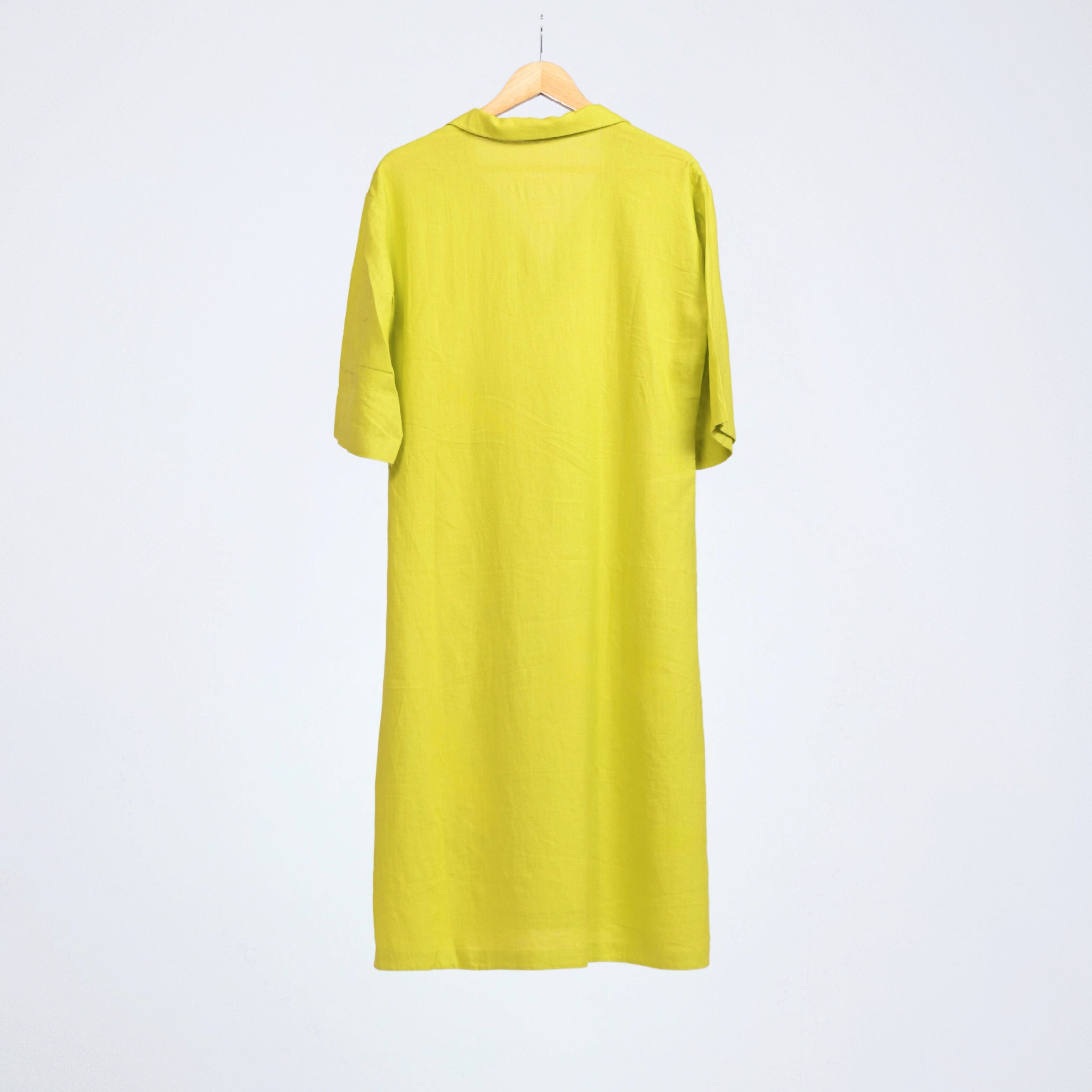 Relaxed below-knee accent green linen dress with collar and ¾ sleeves. Breathable comfort, easy movement, and effortless everyday wear | Selfish Clarity