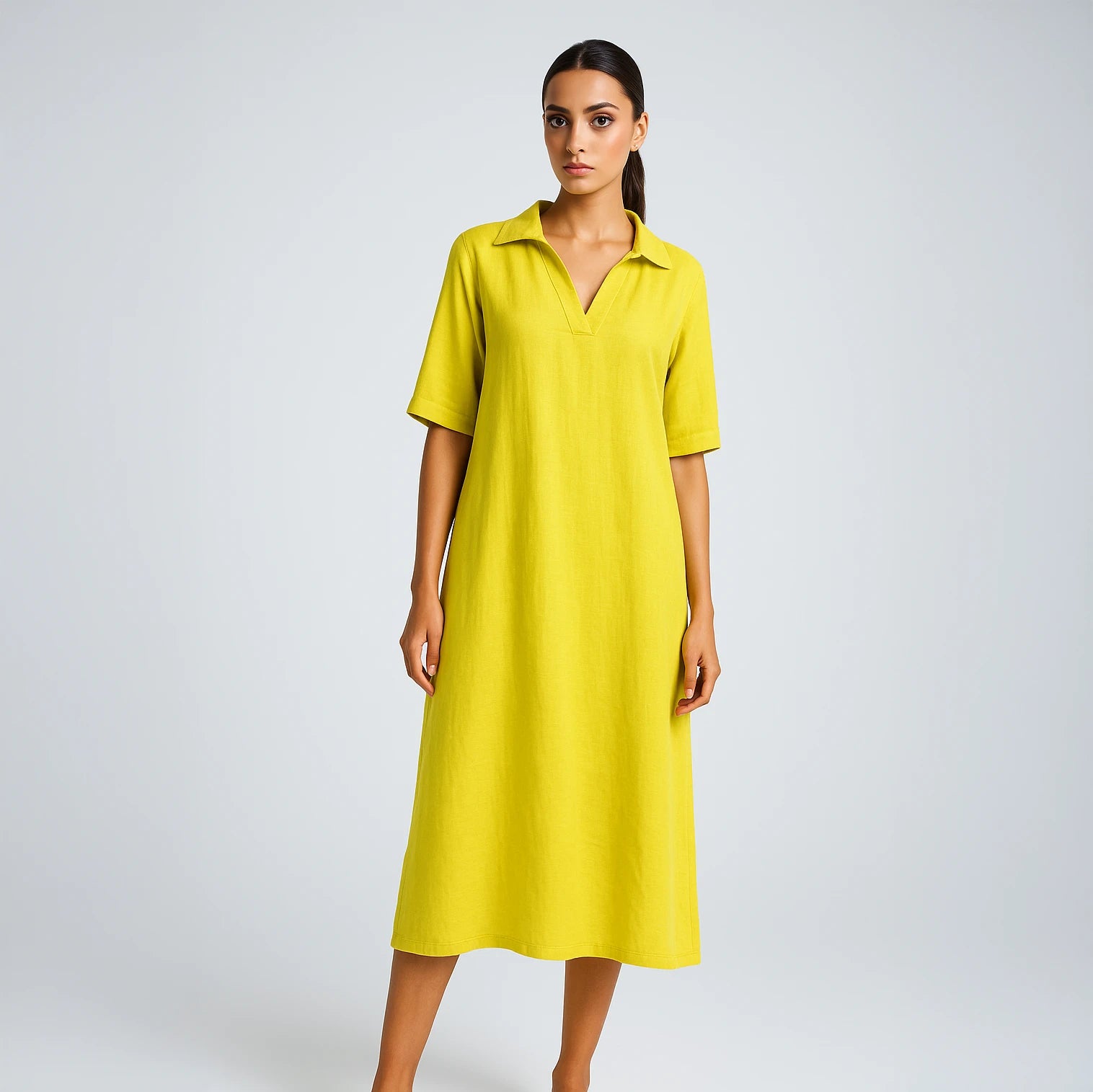 Sleeveless buttoned accent green linen midi dress with A-line fall. Breathable, airy, and effortlessly grounded for your days | Selfish Clarity