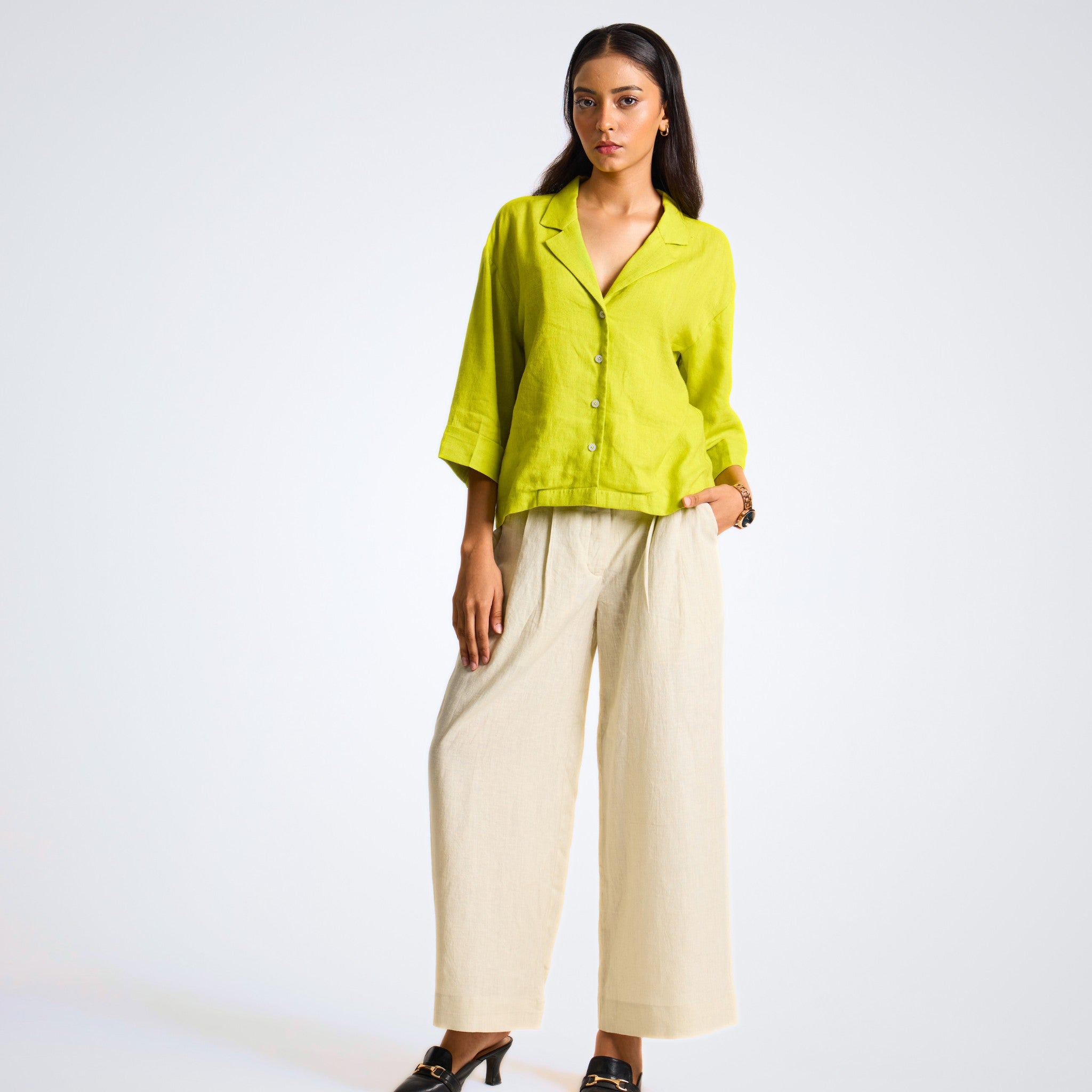 Cuban-style accent green linen shirt with airy ¾ sleeves and relaxed fit. Breathable, structured yet fluid, perfect for bold everyday wear | Selfish Clarity