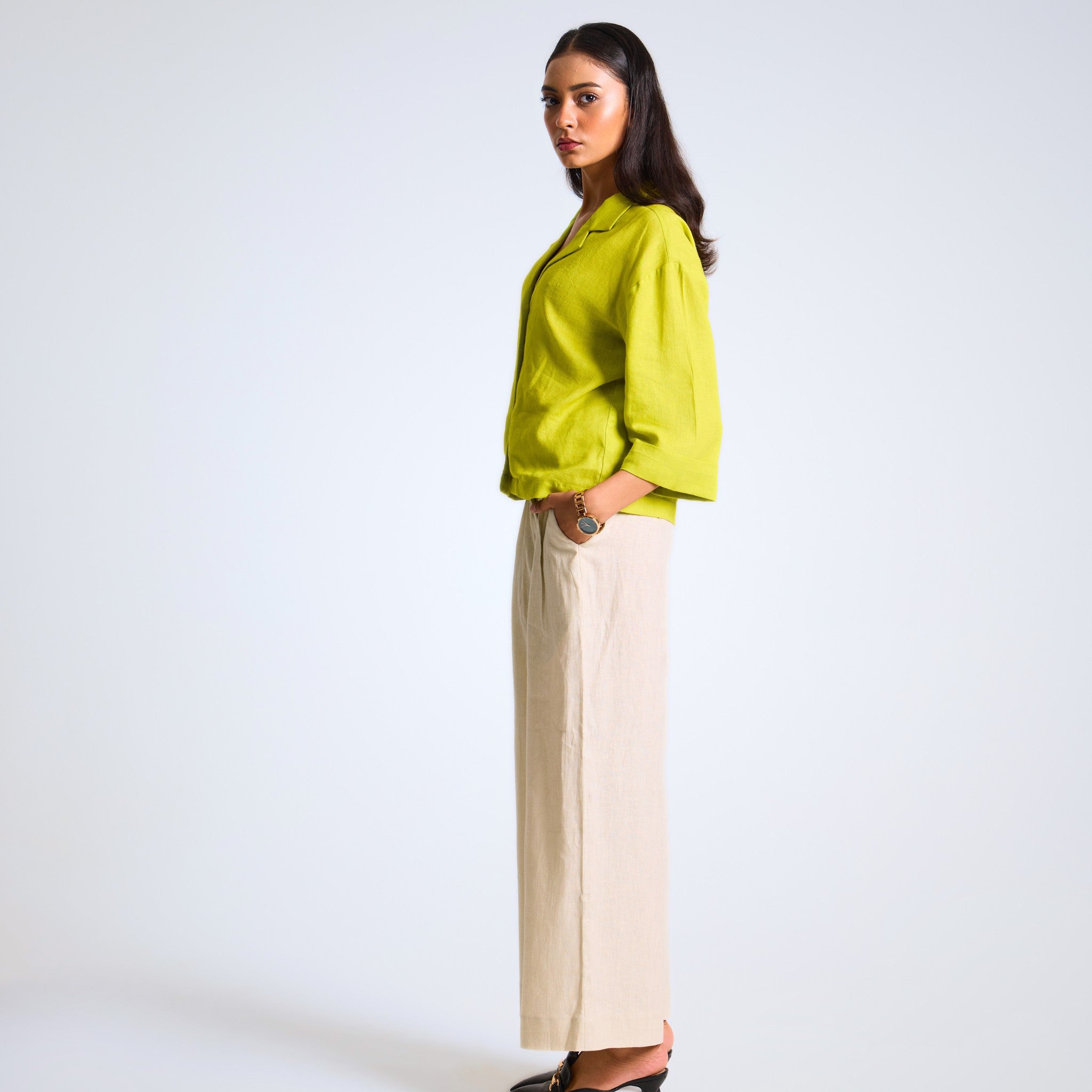 Cuban-style accent green linen shirt with airy ¾ sleeves and relaxed fit. Breathable, structured yet fluid, perfect for bold everyday wear | Selfish Clarity