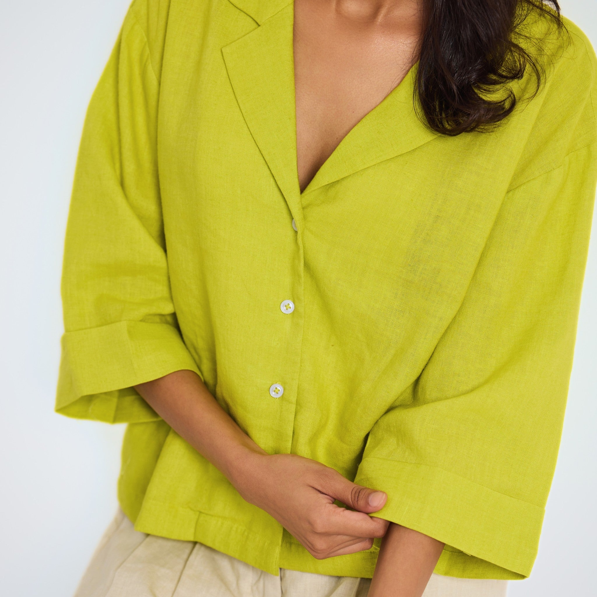 Cuban-style accent green linen shirt with airy ¾ sleeves and relaxed fit. Breathable, structured yet fluid, perfect for bold everyday wear | Selfish Clarity
