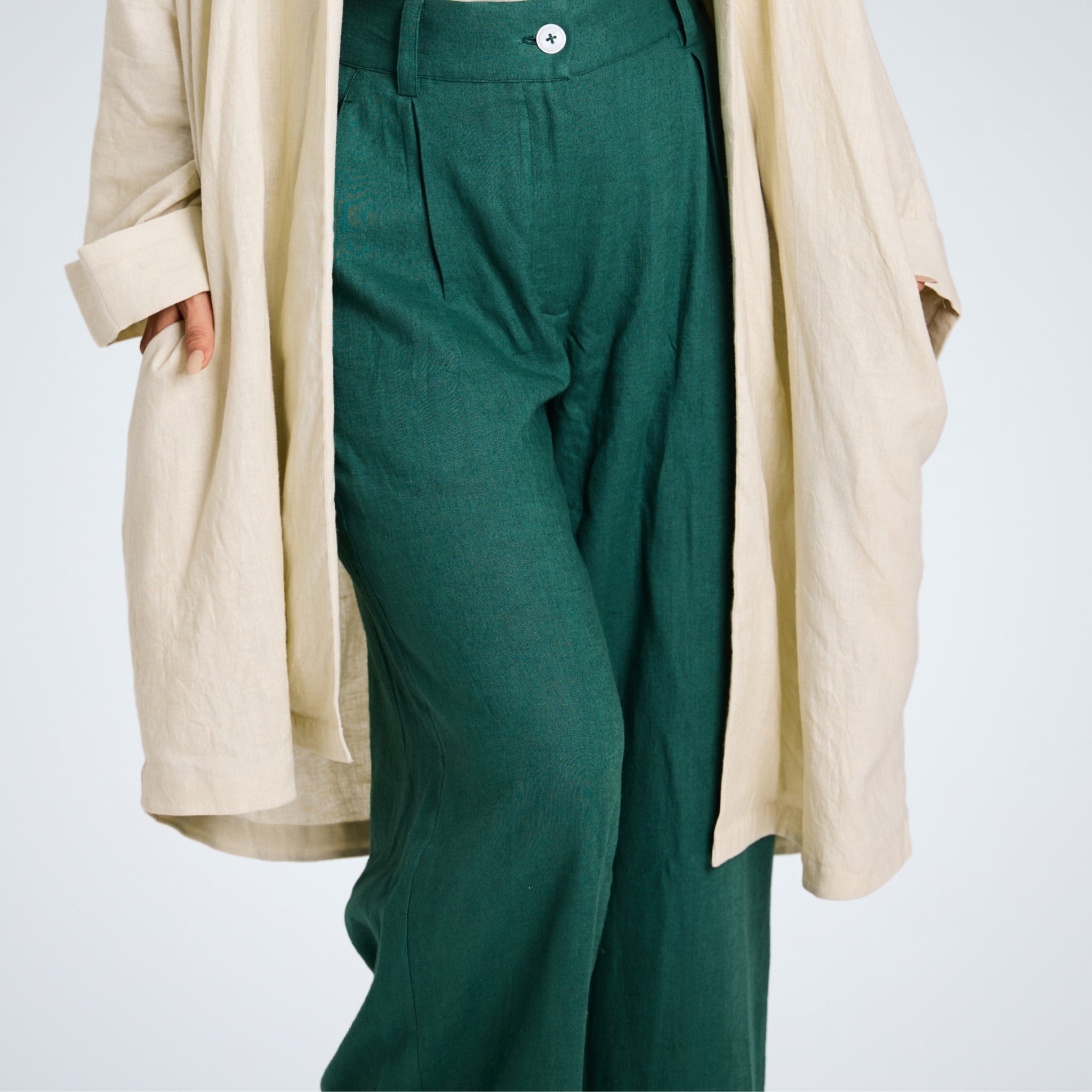Emerald linen pants with a stretch waist. Breathable fabric, relaxed fit, and easy movement for casual or dressed-up days | Selfish Clarity