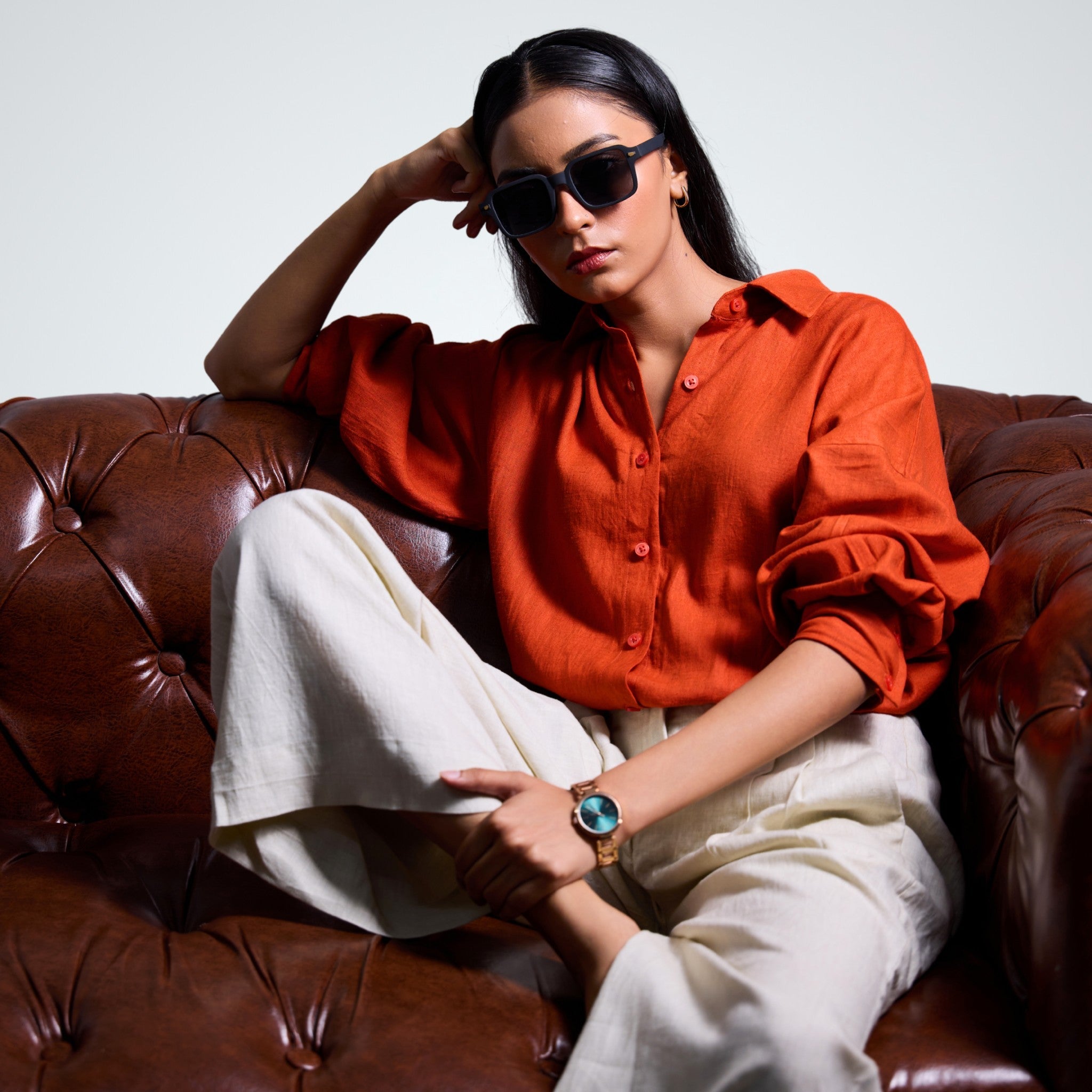 A breathable, relaxed-fit orange rust linen shirt that adapts to your flow. Lightweight, versatile, and built for effortless everyday style | Selfish Clarity