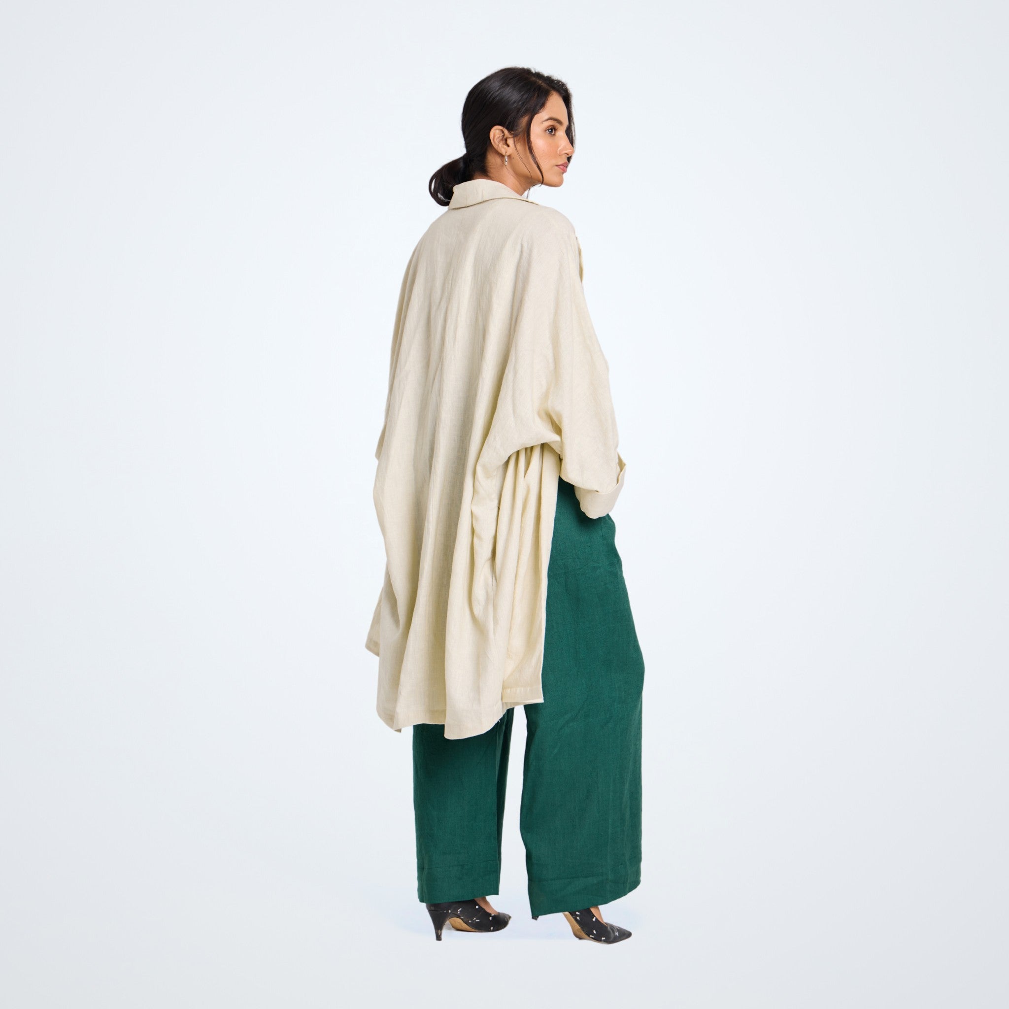 Pearl linen long shrug with a lapel collar and a button. Breathable, flowing, and versatile for no-effort layering | Selfish Clarity