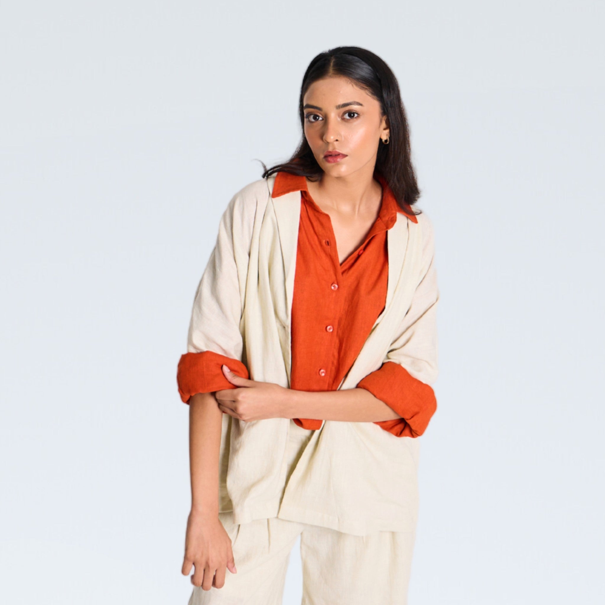 Pearl linen standard shrug with a lapel collar and a button. Breathable, relaxed, and lightweight – adapts easily for everyday wear | Selfish Clarity