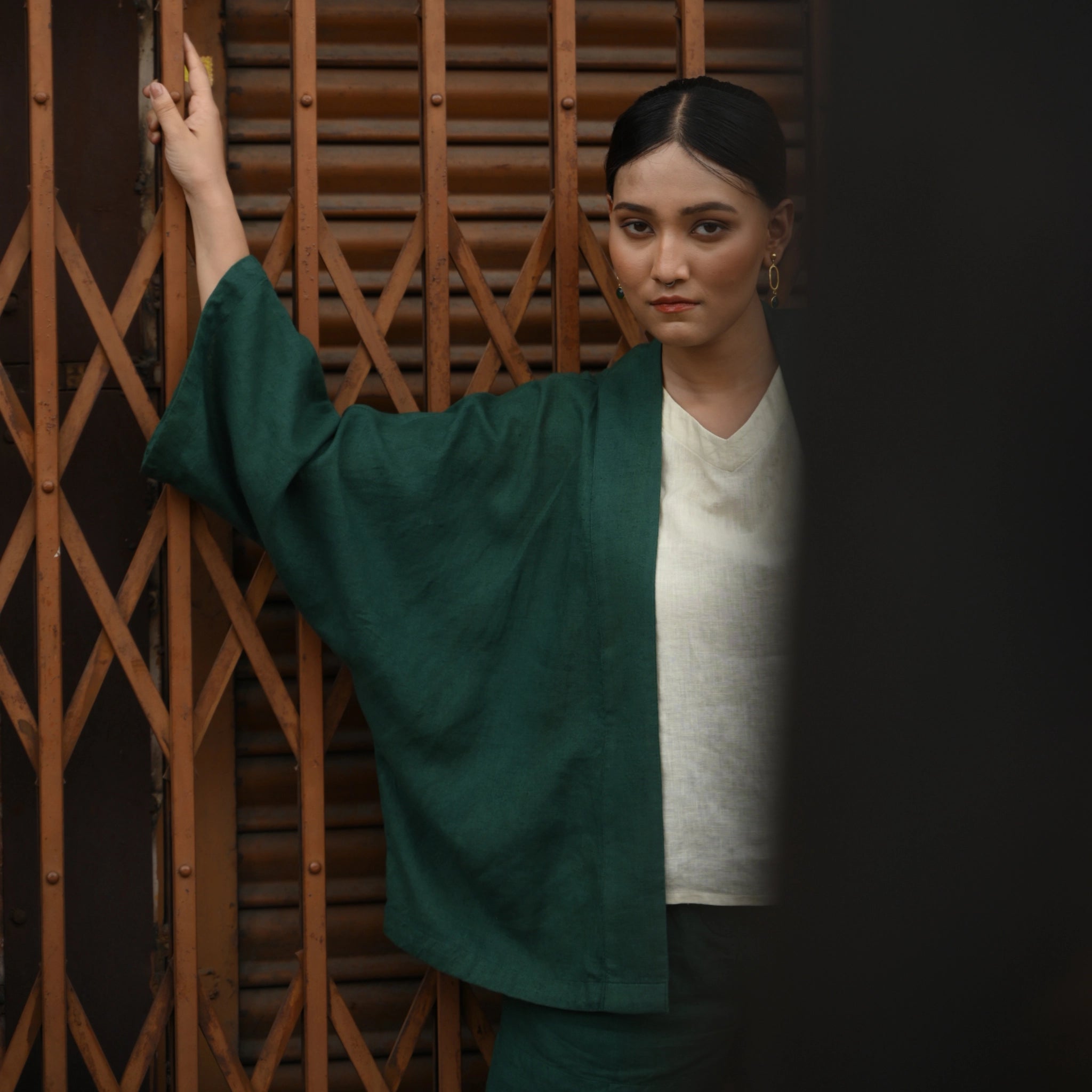 Short emerald linen shrug with roomy sleeves. Breathable, versatile, and weightless – perfect over tanks, dresses, or playsuits | Selfish Clarity