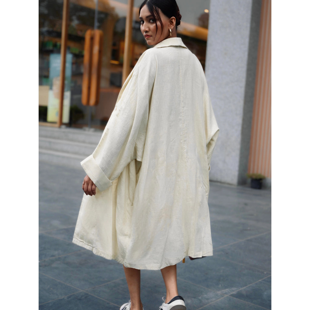 Pearl linen long shrug with a lapel collar and a button. Breathable, flowing, and versatile for no-effort layering | Selfish Clarity