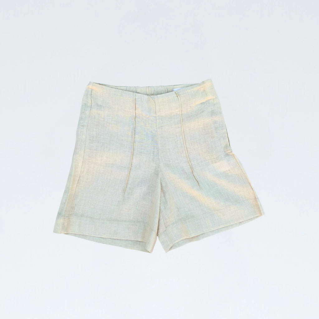Pearl linen shorts with crisp structure and side-zip. Breathable, mid-rise, and versatile for adapting throughout your day | Selfish Clarity