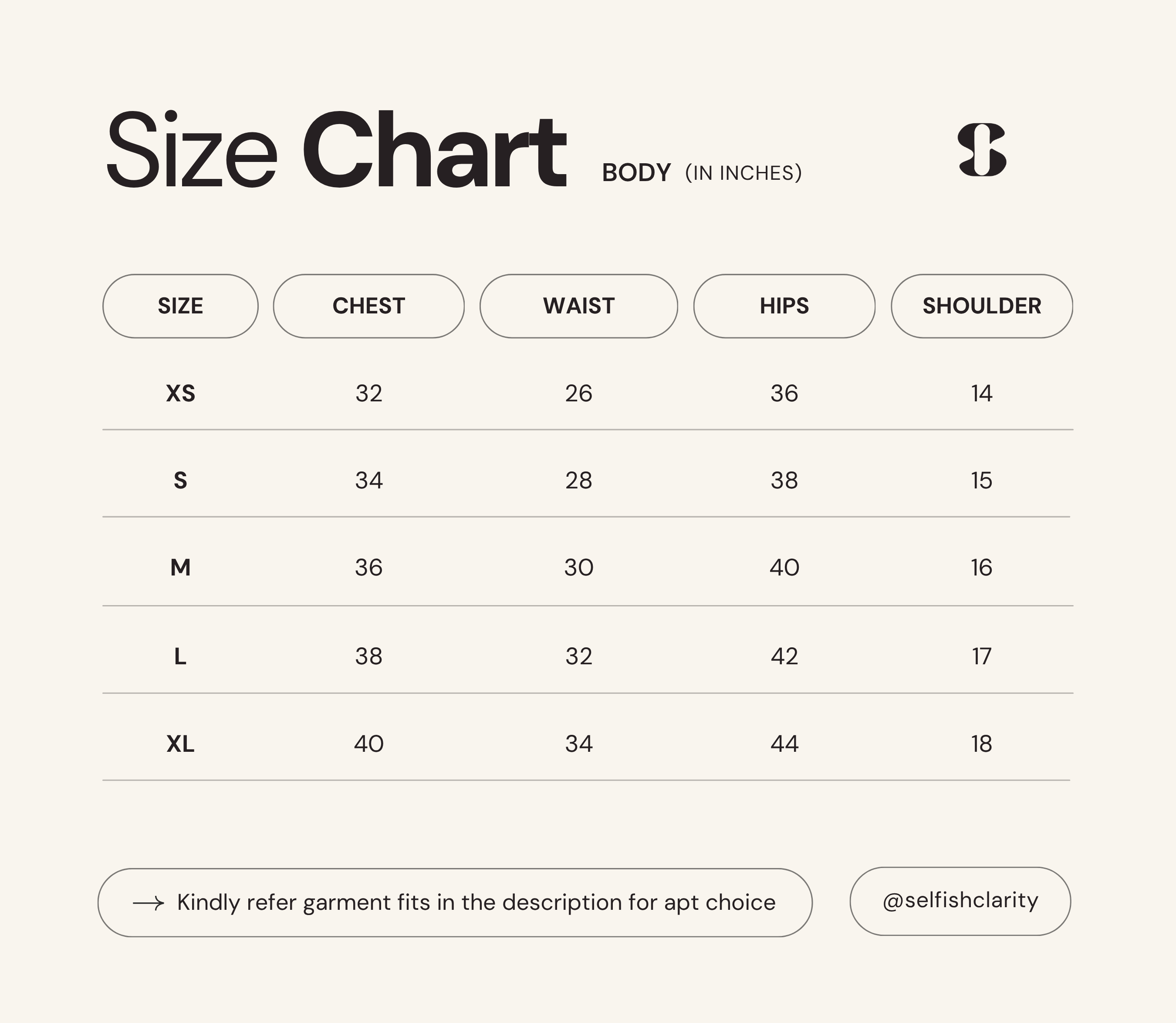 Selfish Clarity size chart for clothing measurements with labeled sections for body chest, waist, hips, and shoulder.