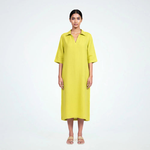 Relaxed below-knee accent green linen dress with collar and ¾ sleeves. Breathable comfort, easy movement, and effortless everyday wear | Selfish Clarity