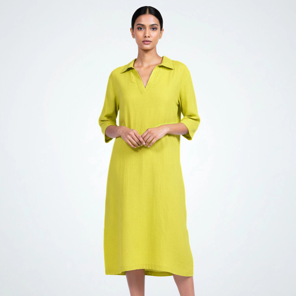 Relaxed below-knee accent green linen dress with collar and ¾ sleeves. Breathable comfort, easy movement, and effortless everyday wear | Selfish Clarity