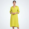 Relaxed below-knee accent green linen dress with collar and ¾ sleeves. Breathable comfort, easy movement, and effortless everyday wear | Selfish Clarity