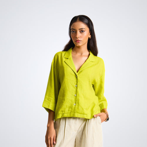 Cuban-style accent green linen shirt with airy ¾ sleeves and relaxed fit. Breathable, structured yet fluid, perfect for bold everyday wear | Selfish Clarity