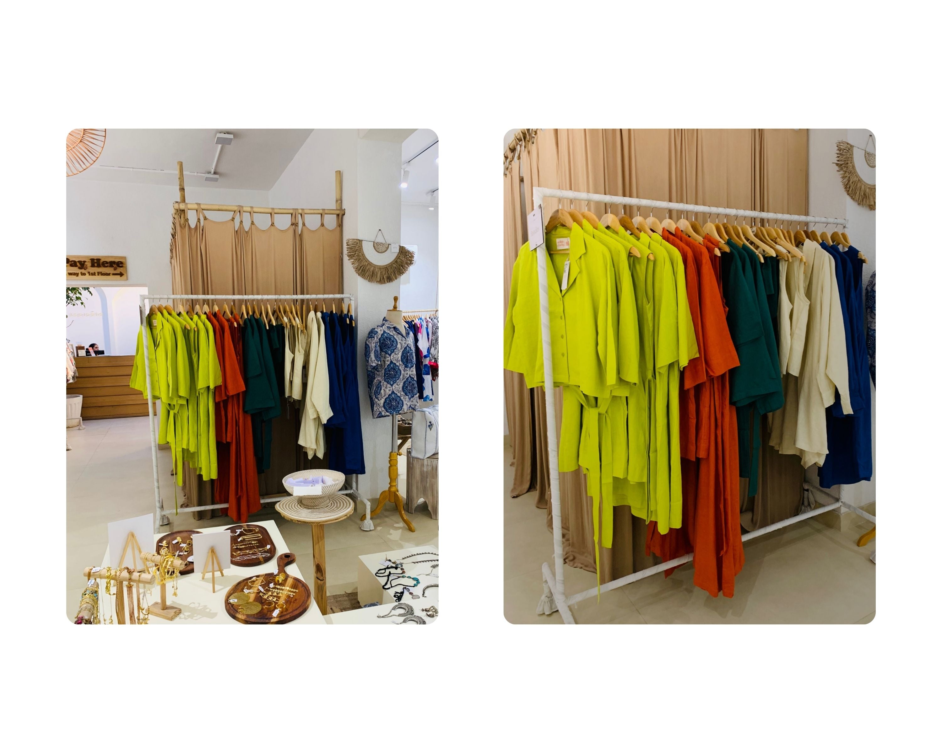 A two-panel photo showing clothing racks inside a boutique. The left panel shows multiple garments in bright accent green, rust, emerald, pearl, and indigo hanging on wooden hangers, with jewellery displays and store fixtures in the foreground.